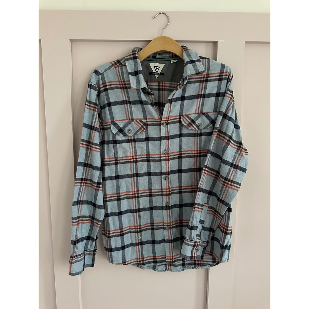 Vissla Mens Plaid Flannel Button Down Shirt Blue Orange Large